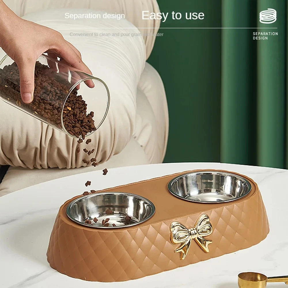 Elegant Bow-Tie Dual Pet Food & Water Bowl