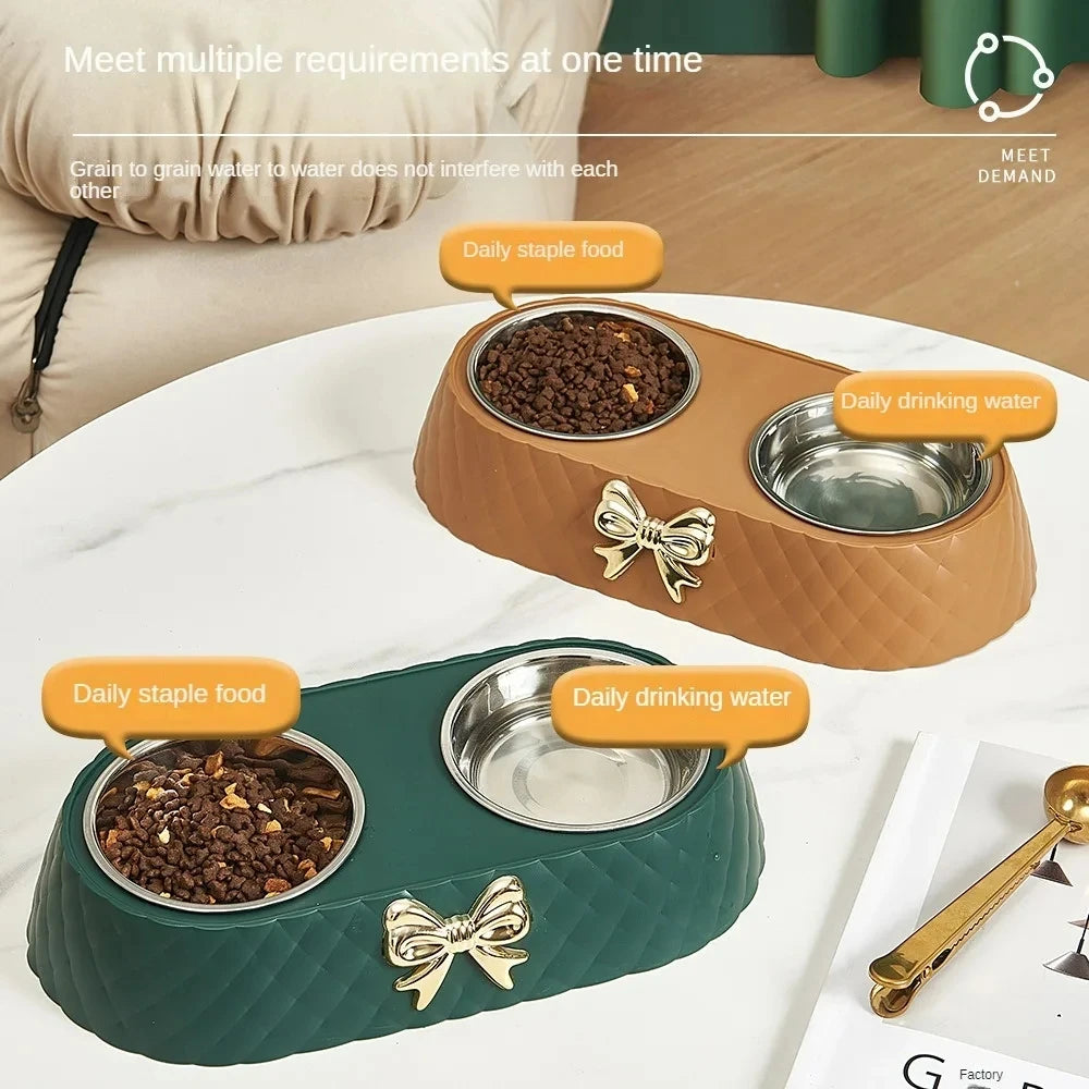 Elegant Bow-Tie Dual Pet Food & Water Bowl