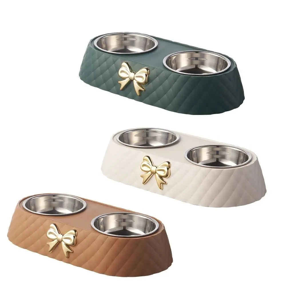 Elegant Bow-Tie Dual Pet Food & Water Bowl