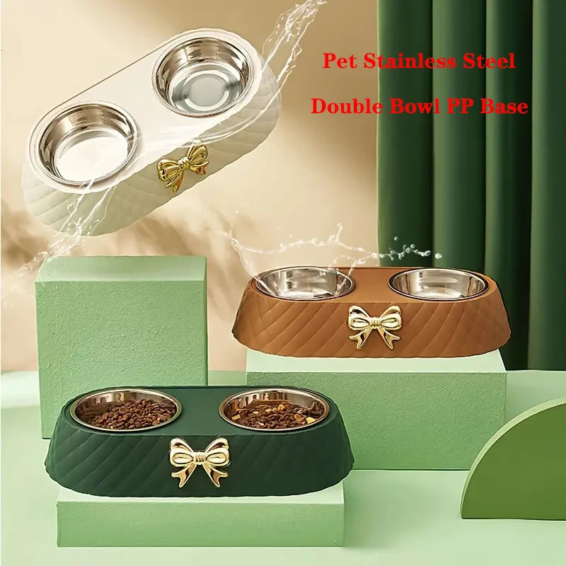 Elegant Bow-Tie Dual Pet Food & Water Bowl