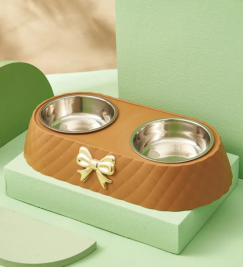 Elegant Bow-Tie Dual Pet Food & Water Bowl