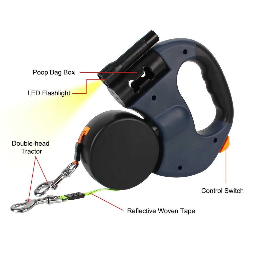 Retractable Dual Dog Lead – Tangle-Free 360° Swivel with LED for Safe Walks