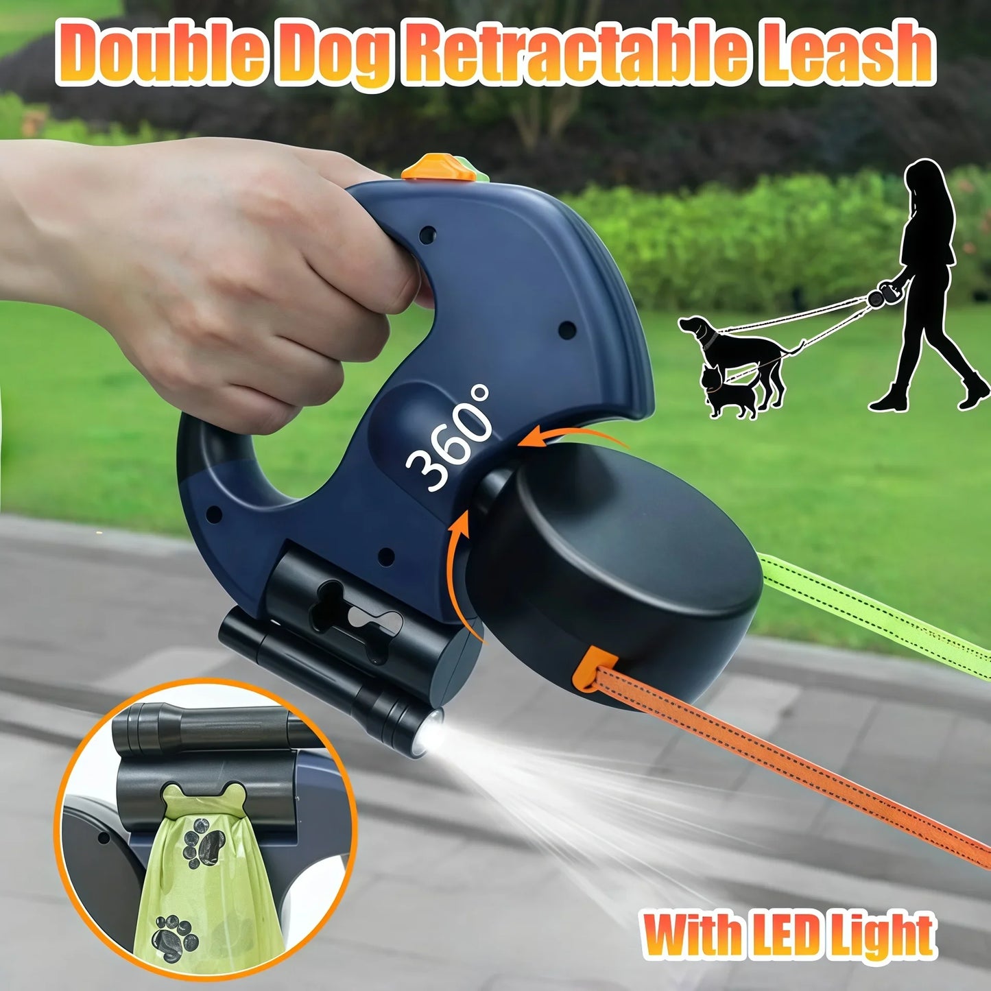 Retractable Dual Dog Lead – Tangle-Free 360° Swivel with LED for Safe Walks