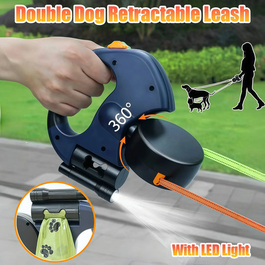 Retractable Dual Dog Lead – Tangle-Free 360° Swivel with LED for Safe Walks