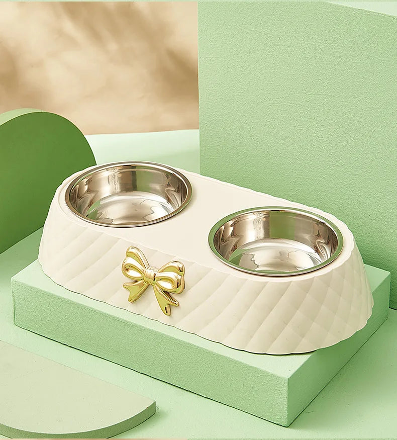 Elegant Bow-Tie Dual Pet Food & Water Bowl