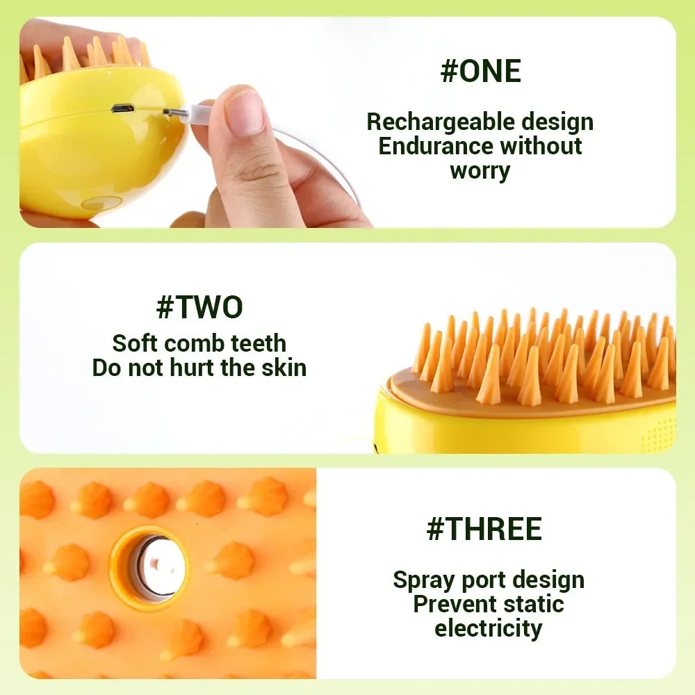 3-in-1 Pet Steam Brush for Shedding, Massage & Grooming