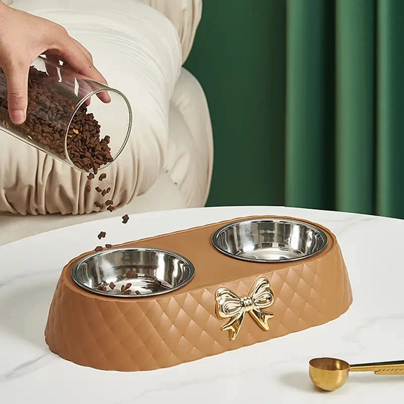 Elegant Bow-Tie Dual Pet Food & Water Bowl