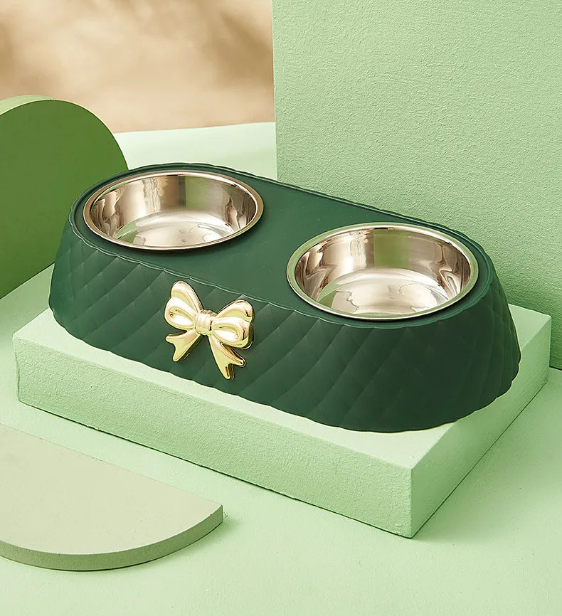Elegant Bow-Tie Dual Pet Food & Water Bowl